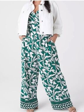 Lane Bryant Emerald Green & White Floral Wide-Leg Jumpsuit